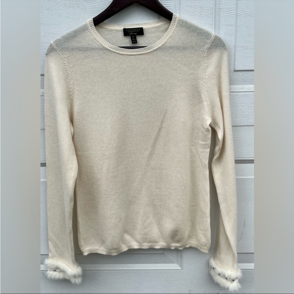 Women's Charter club luxury Casmere crew neck sweater long sleeve fur sleeves M